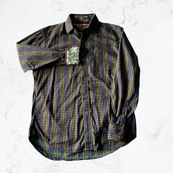 Robert Graham Exclusive Flip Cuff Button Down Men M Blue Green Check Floral - Picture 1 of 8
